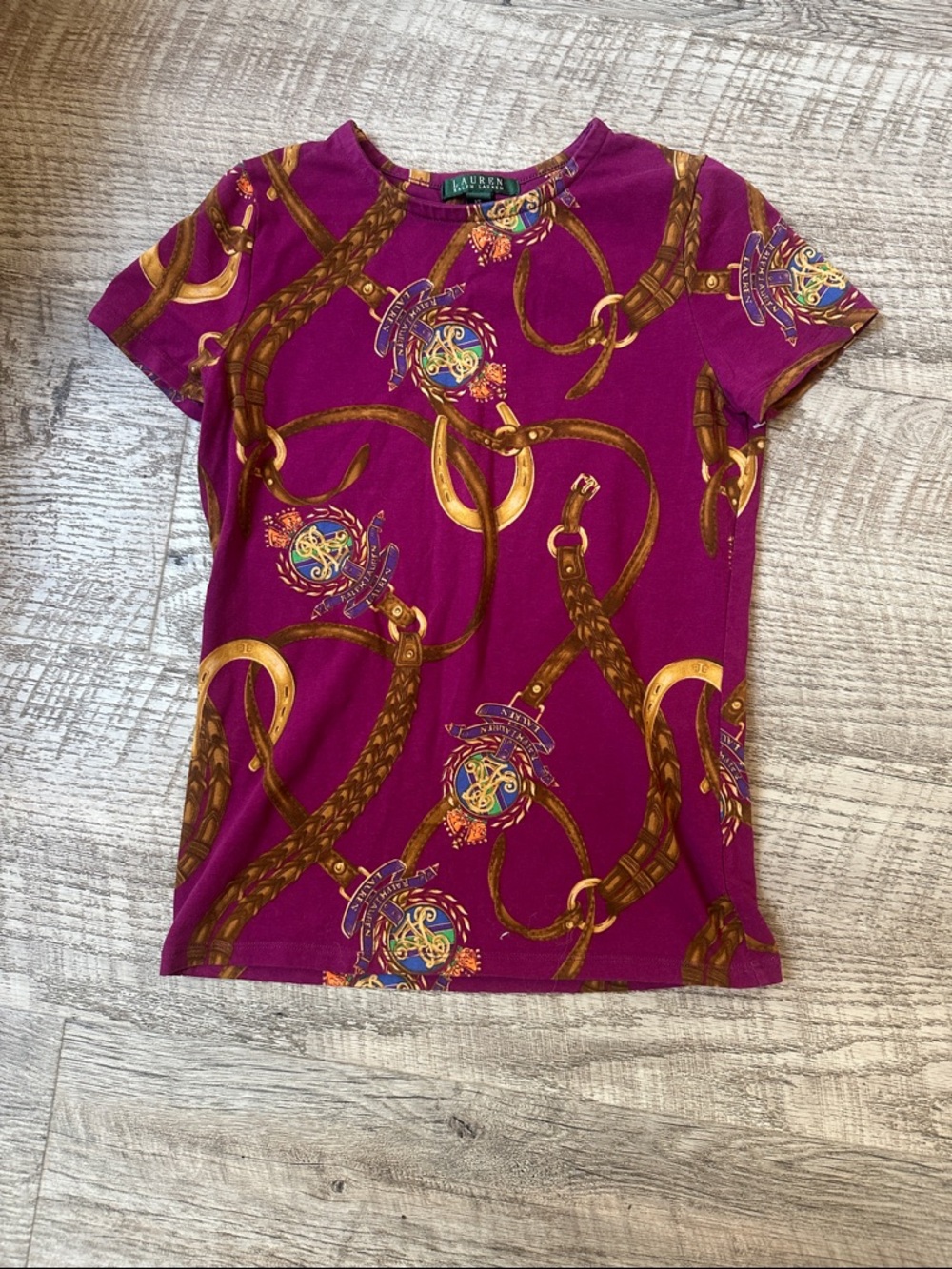 Ralph Lauren Magenta Short-Sleeve Tee with Gold Chain & Equestrian Print